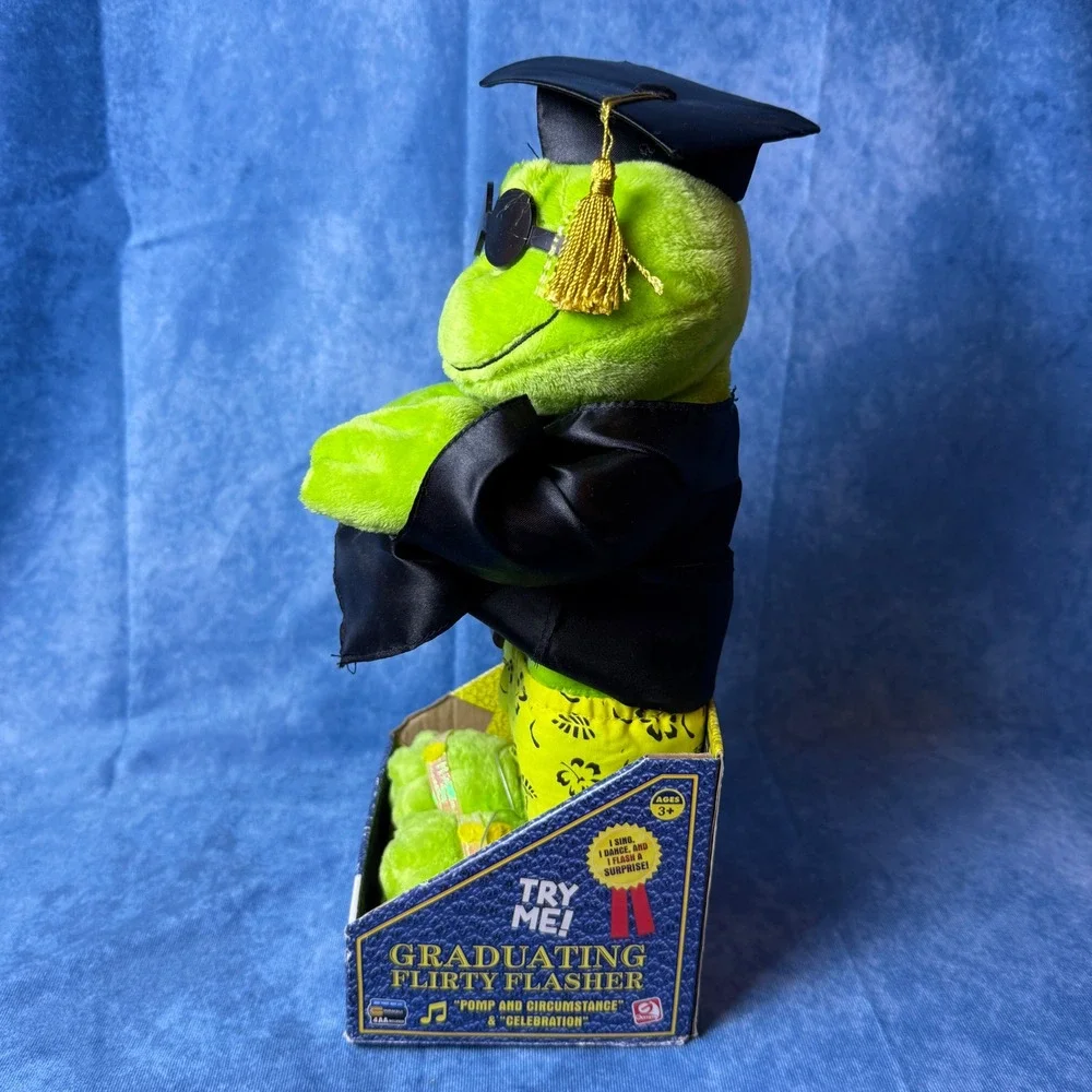 Vintage CVS Graduating Flirty Flasher Frog Animated Plush Tested Works w/ Box